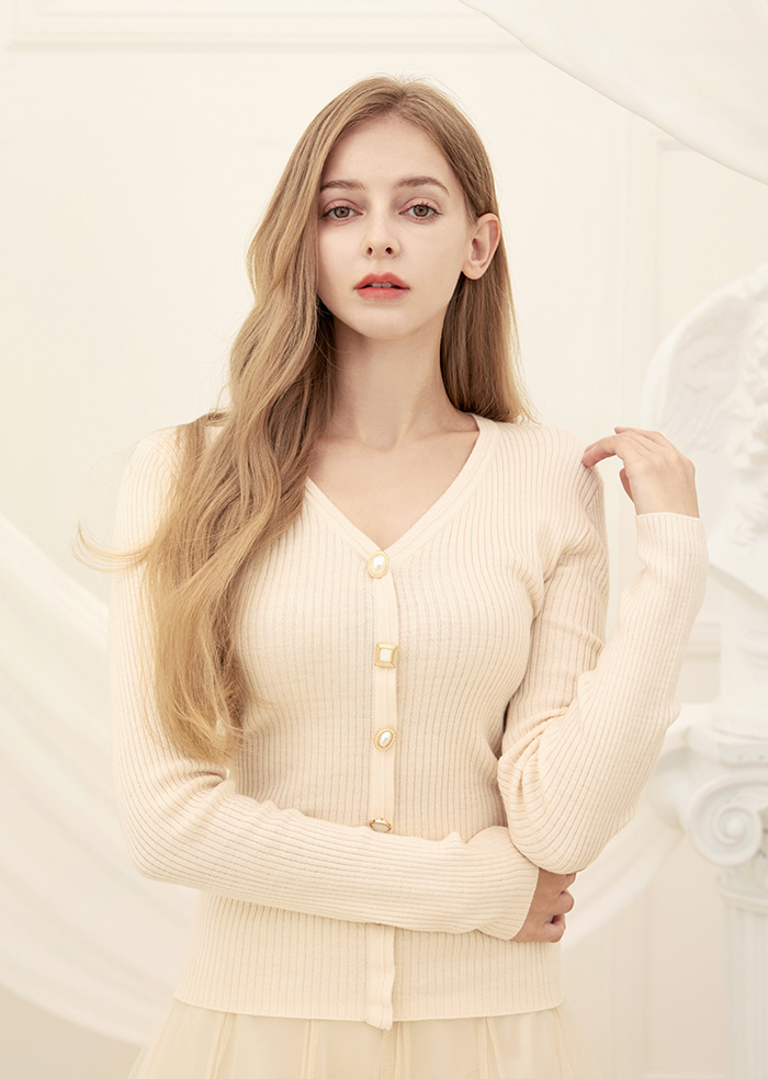 Amy Pearl Button Knit Top (Beige)